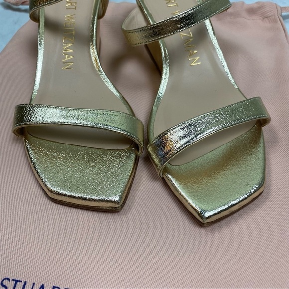 Stuart Weitzman: Aleena Gold Metallic Slip On Heeled Sandals Shoes Size 6 (NWOT) - Picture 2 of 7